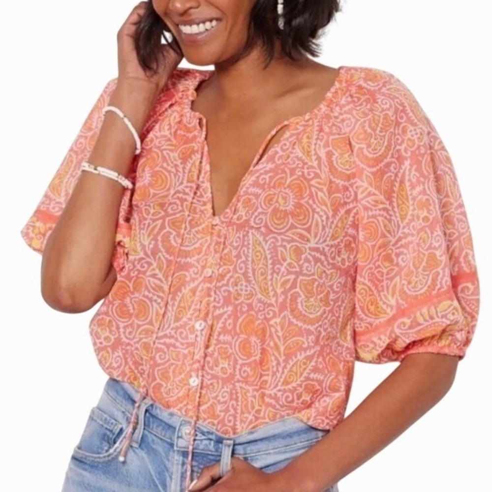 Cleobella Floral Boho Blouse Medium Pink Orange Puff Sleeve Button‎ Front Top